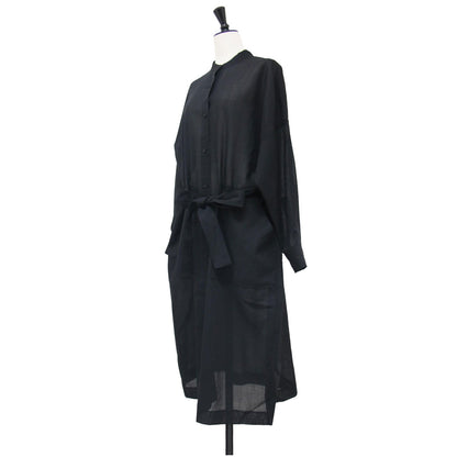 24秋冬 バンドカラー シャツ ワンピース / Viyon Wool Voile Tylin ミディ丈 長袖 ドロップショルダー ベルト ウォッシャブル ウール