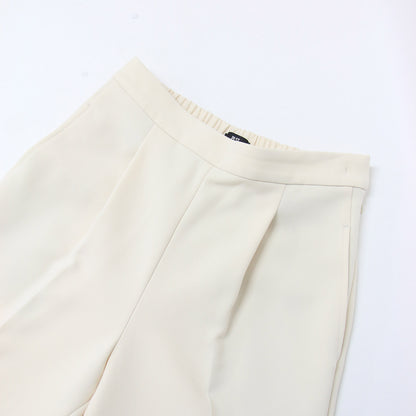 24春夏 フェイクパール ペプラム ブラウス セットアップ / テーパードパンツ 長袖 キーネック ウエストゴム