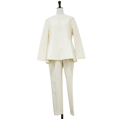 24春夏 フェイクパール ペプラム ブラウス セットアップ / テーパードパンツ 長袖 キーネック ウエストゴム