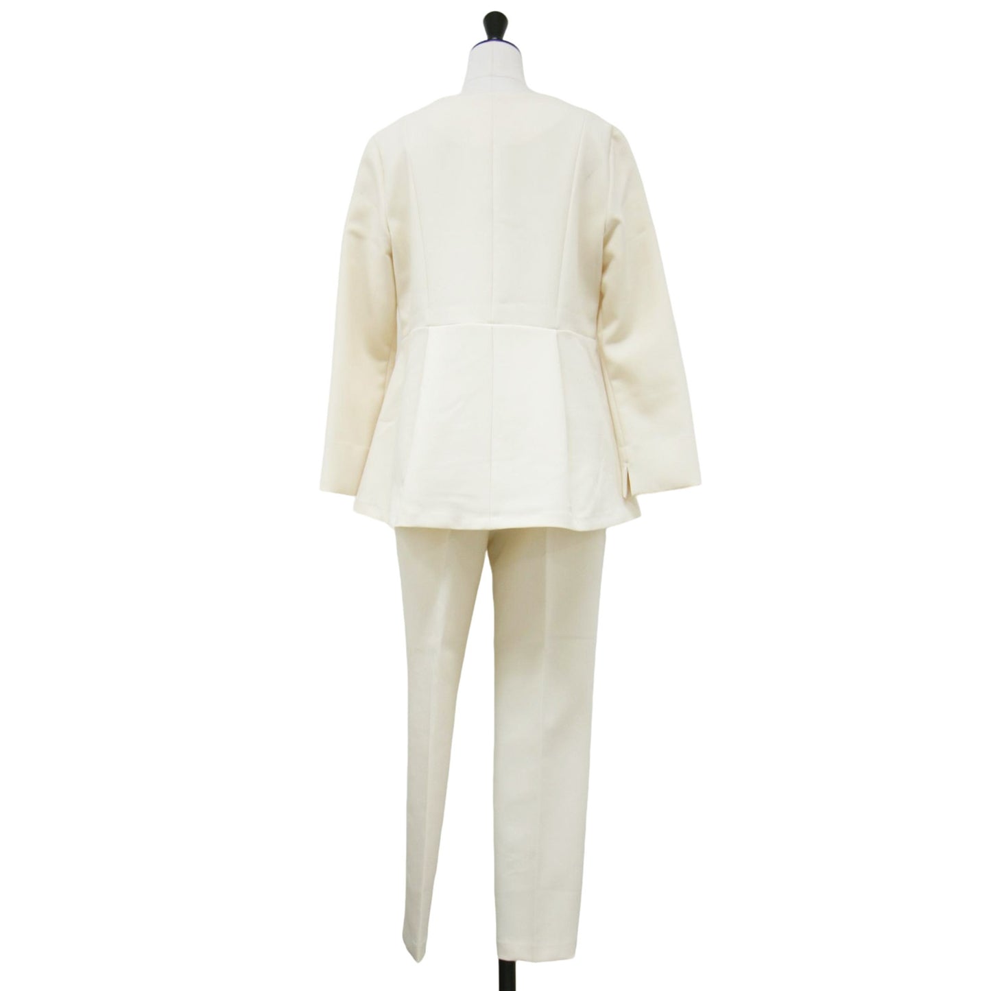 24春夏 フェイクパール ペプラム ブラウス セットアップ / テーパードパンツ 長袖 キーネック ウエストゴム