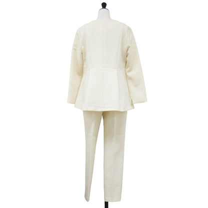 24春夏 フェイクパール ペプラム ブラウス セットアップ / テーパードパンツ 長袖 キーネック ウエストゴム