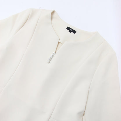 24春夏 フェイクパール ペプラム ブラウス セットアップ / テーパードパンツ 長袖 キーネック ウエストゴム