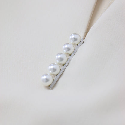 24春夏 フェイクパール ペプラム ブラウス セットアップ / テーパードパンツ 長袖 キーネック ウエストゴム