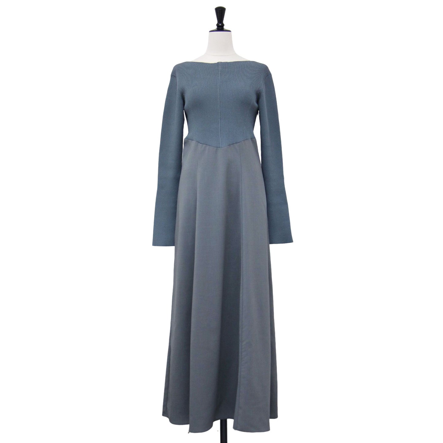 フレア スカート コンビ ニット ワンピース / ロング丈 長袖 リブ バックコンシャス ベルスリーブ