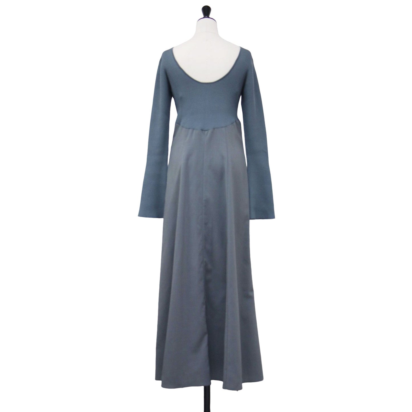 フレア スカート コンビ ニット ワンピース / ロング丈 長袖 リブ バックコンシャス ベルスリーブ