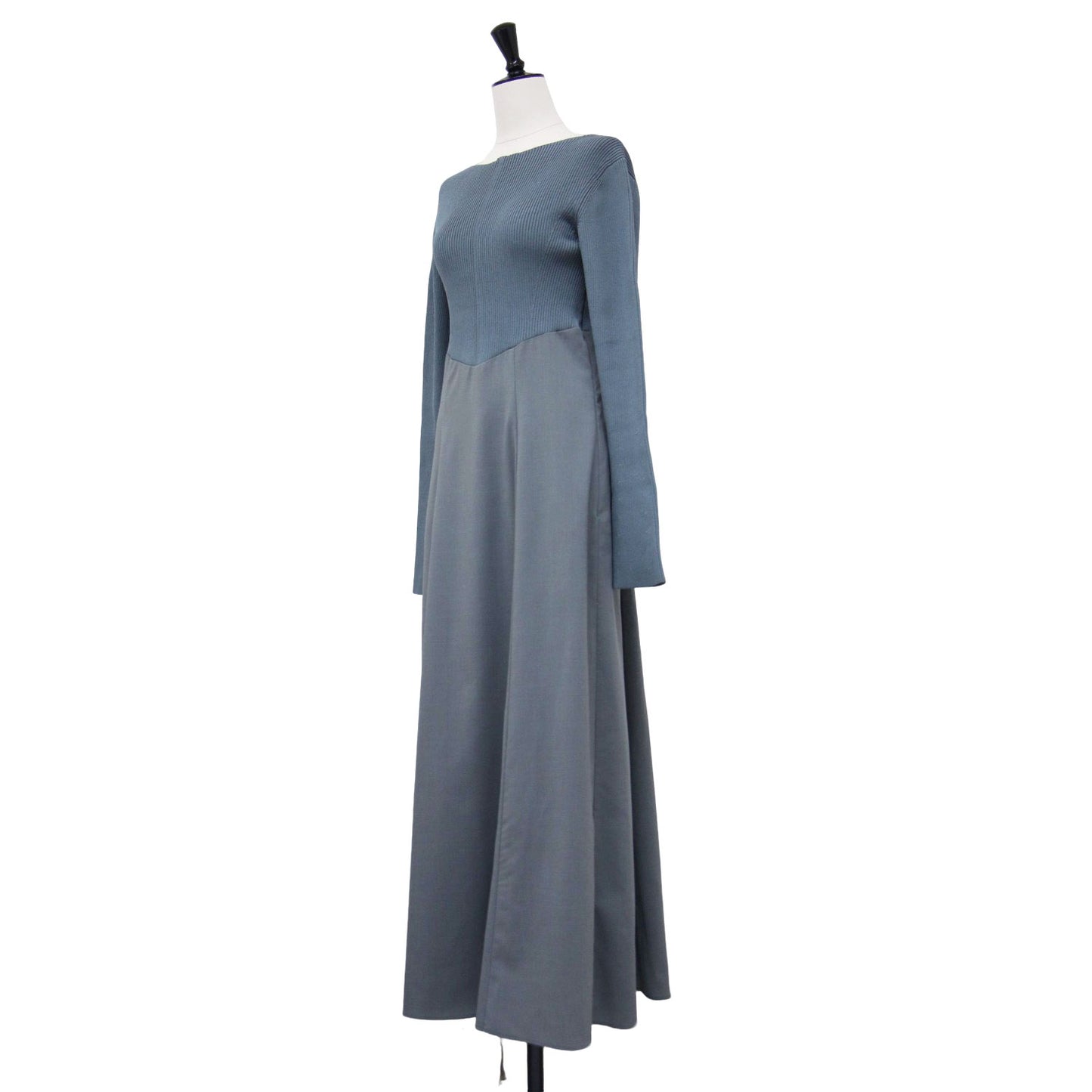 フレア スカート コンビ ニット ワンピース / ロング丈 長袖 リブ バックコンシャス ベルスリーブ