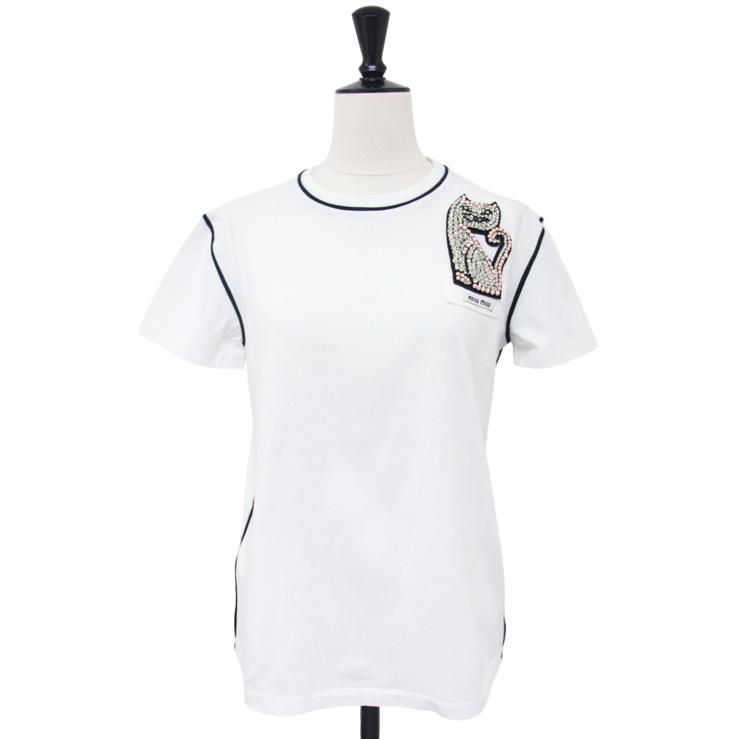 ネコ ビジュー ショートスリーブ Tシャツ / カットソー 半袖 クルーネック ライン アップリケ ワッペン ロゴ コットン
