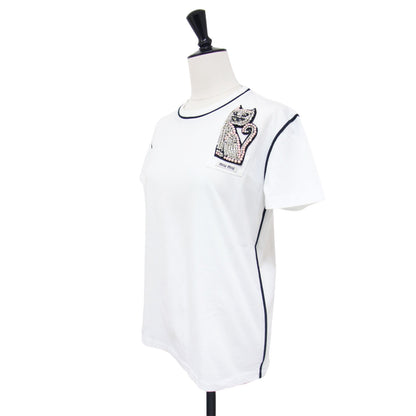 ネコ ビジュー ショートスリーブ Tシャツ / カットソー 半袖 クルーネック ライン アップリケ ワッペン ロゴ コットン