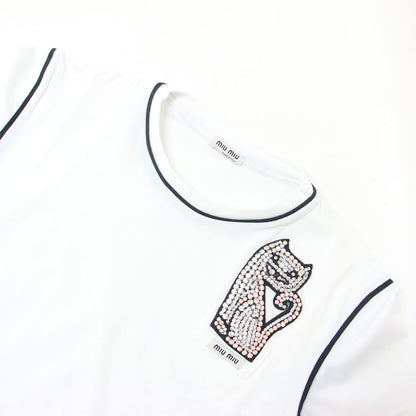 ネコ ビジュー ショートスリーブ Tシャツ / カットソー 半袖 クルーネック ライン アップリケ ワッペン ロゴ コットン