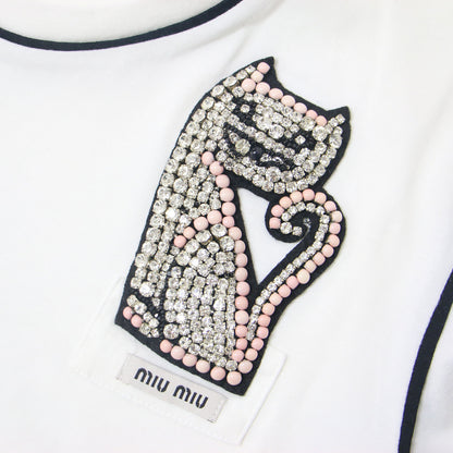 ネコ ビジュー ショートスリーブ Tシャツ / カットソー 半袖 クルーネック ライン アップリケ ワッペン ロゴ コットン