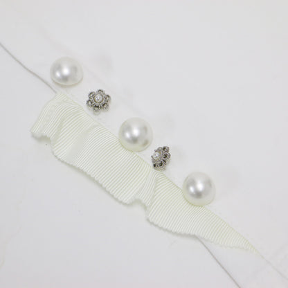 ボタン アクセント デニム パンツ / スリム ストレート 裾 フリル パール ストレッチ コットン