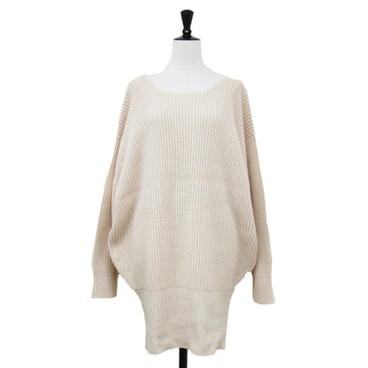 カシミヤ ロング プルオーバー ニット / チュニック丈 長袖 ラウンドネック オーバーサイズ ミドルゲージ