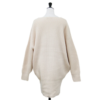 カシミヤ ロング プルオーバー ニット / チュニック丈 長袖 ラウンドネック オーバーサイズ ミドルゲージ