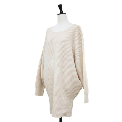 カシミヤ ロング プルオーバー ニット / チュニック丈 長袖 ラウンドネック オーバーサイズ ミドルゲージ