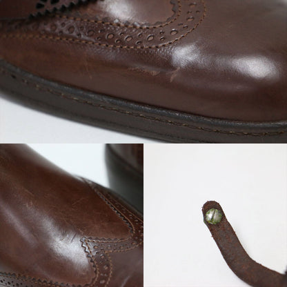 レザー ウィングチップ サイドジップ ブーツ / ミドル丈 ベルト カッティングレザー スタックヒール