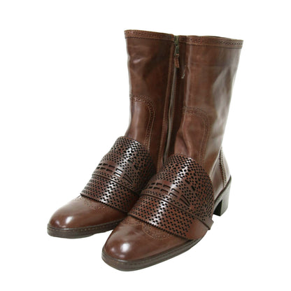 レザー ウィングチップ サイドジップ ブーツ / ミドル丈 ベルト カッティングレザー スタックヒール