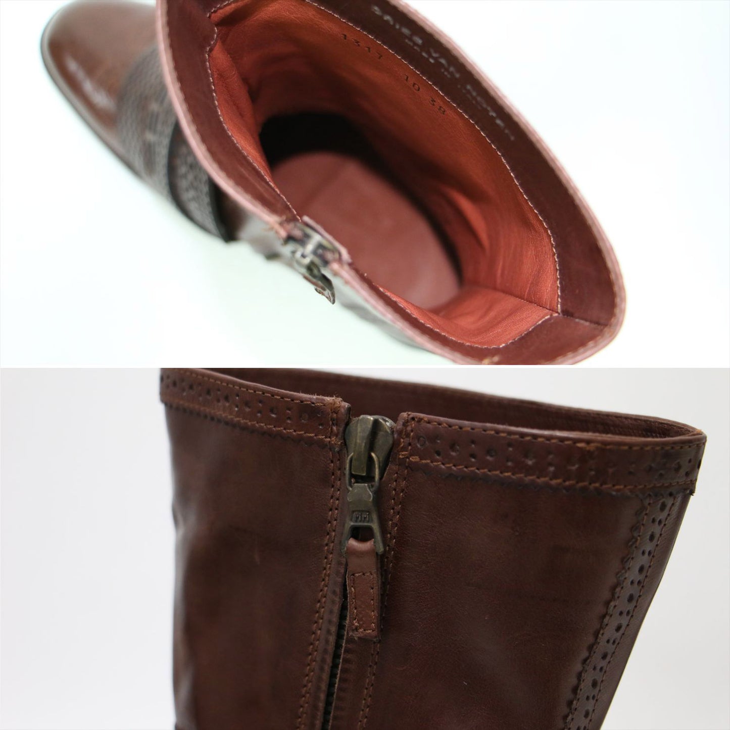 レザー ウィングチップ サイドジップ ブーツ / ミドル丈 ベルト カッティングレザー スタックヒール