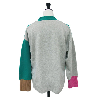 NZ LAMB 9G Vネック カーディガン / ニット 長袖 ブロックカラー 配色 ドロップショルダー スリット ウール