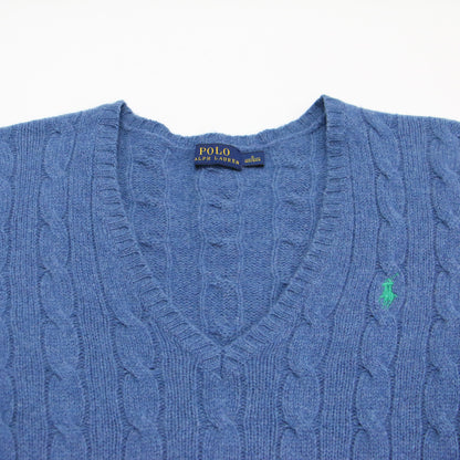 ポニー 刺繍 ケーブルニット / プルオーバー 長袖 Vネック コンパクト ロゴ ハイゲージ ウール カシミヤ