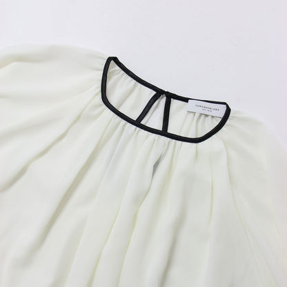 リキッドジョーゼット ギャザーネック ブラウス / 長袖 バイカラー パイピング