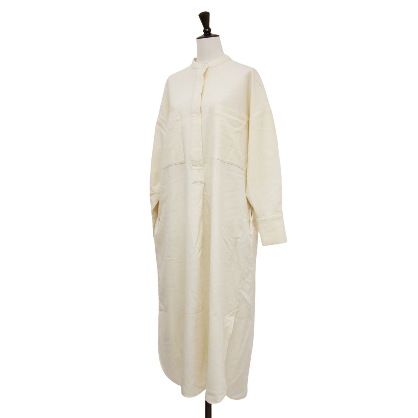 ウール ロング シャツワンピース / 長袖 スタンドカラー ロング丈 ボックスシルエット スリット