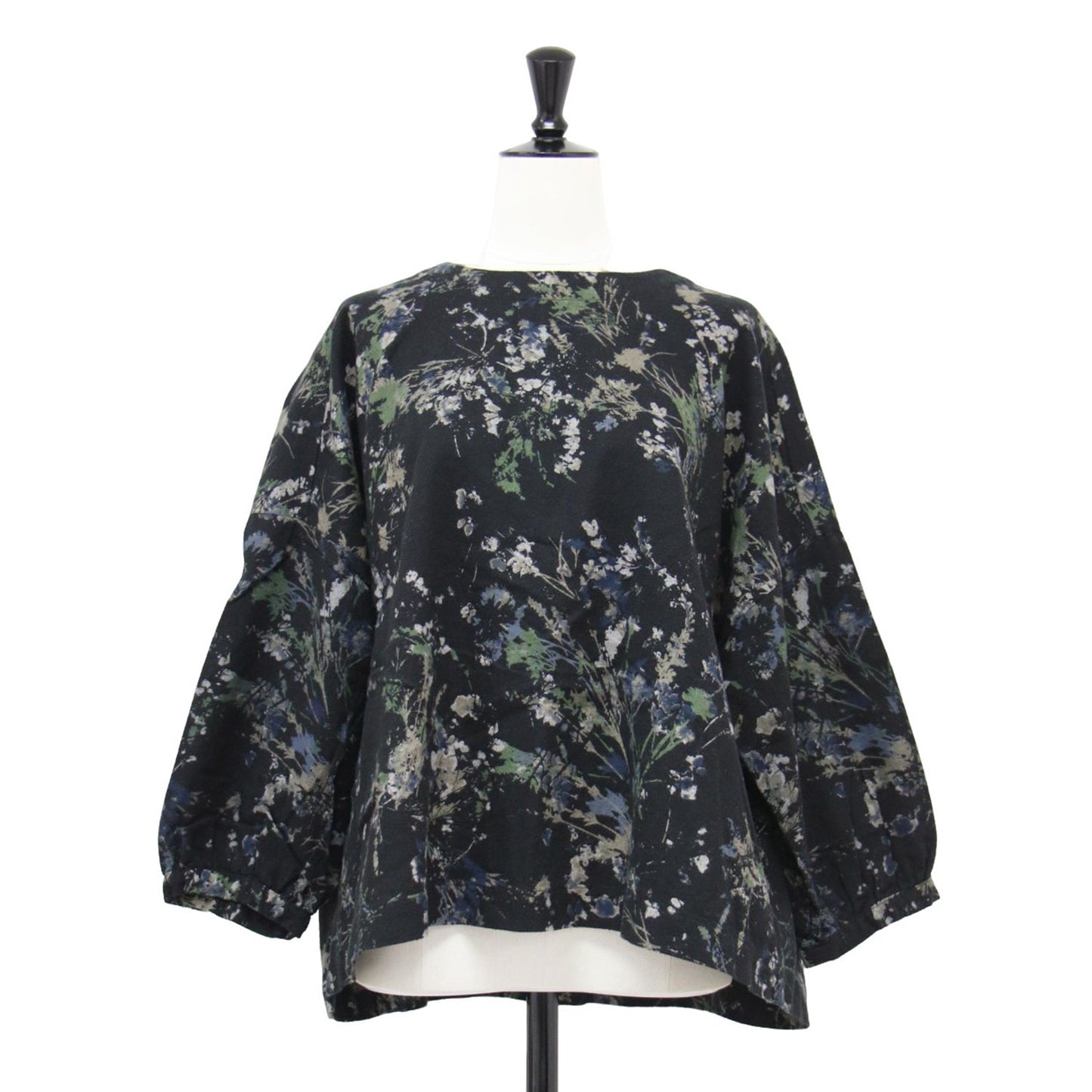 コットン フランネル フラワープリント ブラウス / プルオーバー 長袖 クルーネック ワイド ドロップショルダー