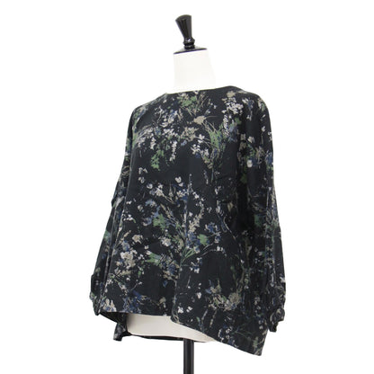 コットン フランネル フラワープリント ブラウス / プルオーバー 長袖 クルーネック ワイド ドロップショルダー