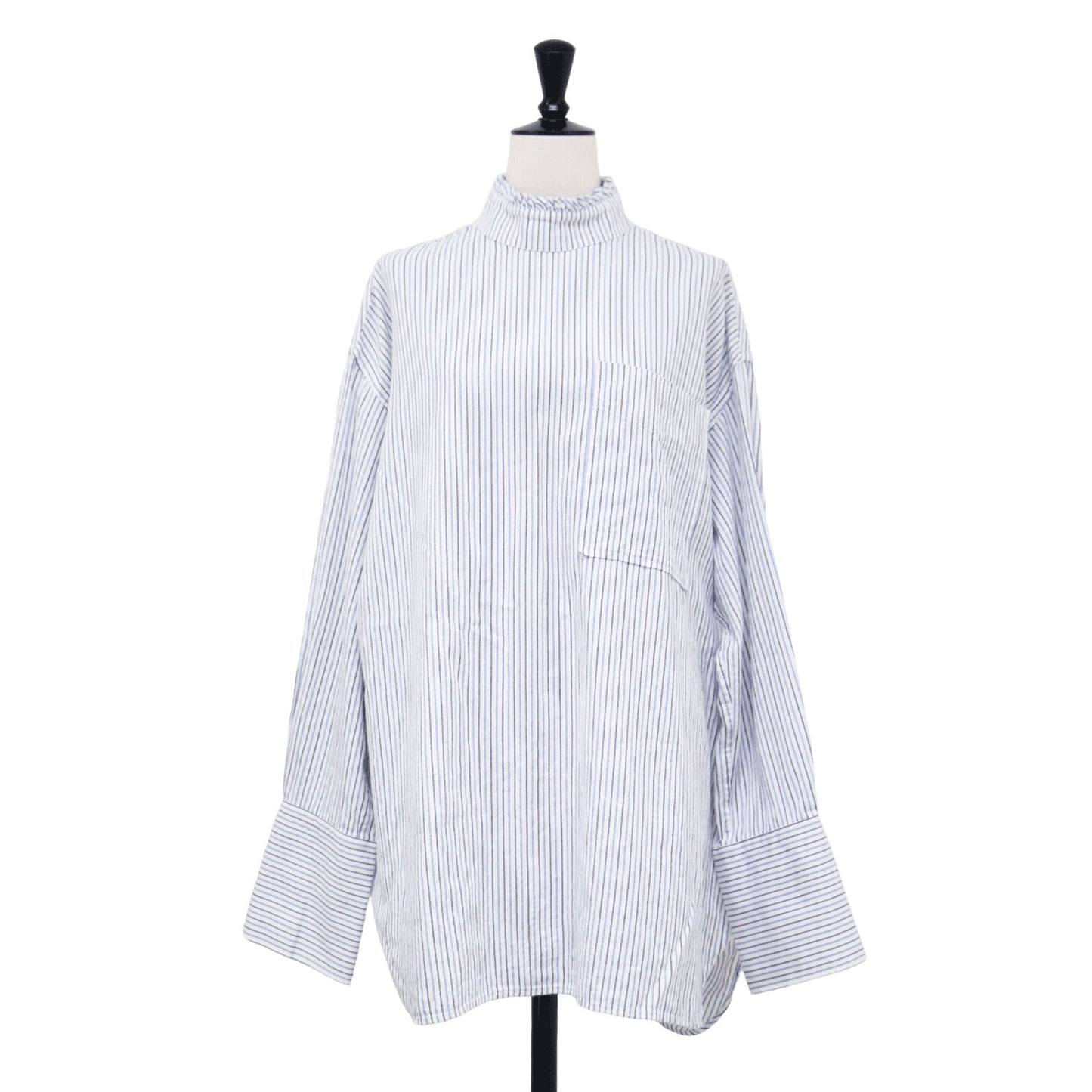 フリル ネック シャツ / FRILL NECK SHIRT ブラウス スタンドカラー 長袖 ストライプ コットン