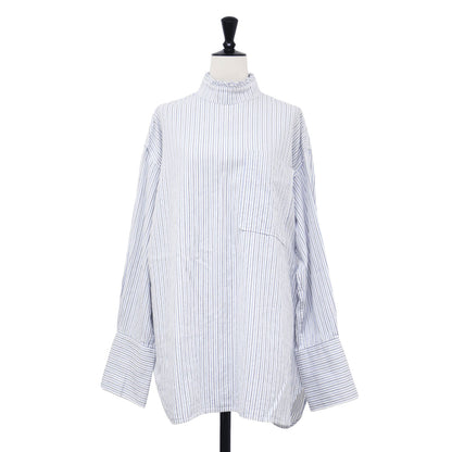 フリル ネック シャツ / FRILL NECK SHIRT ブラウス スタンドカラー 長袖 ストライプ コットン