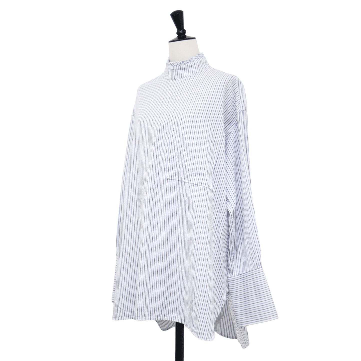 フリル ネック シャツ / FRILL NECK SHIRT ブラウス スタンドカラー 長袖 ストライプ コットン