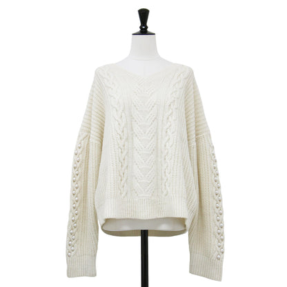 パール付き ケーブル ニット / プルオーバー Vネック 長袖 オーバーサイズ ウール