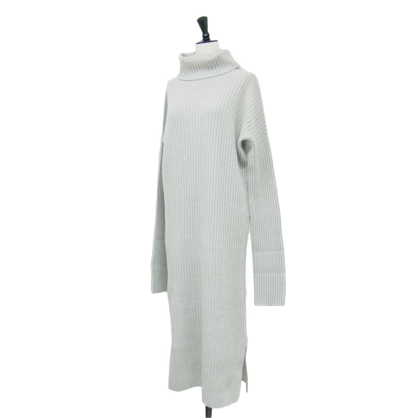 ウール カシミヤ リブ タートルネック ワンピース / 長袖 ミディ丈 ストレート ドロップショルダー スリット