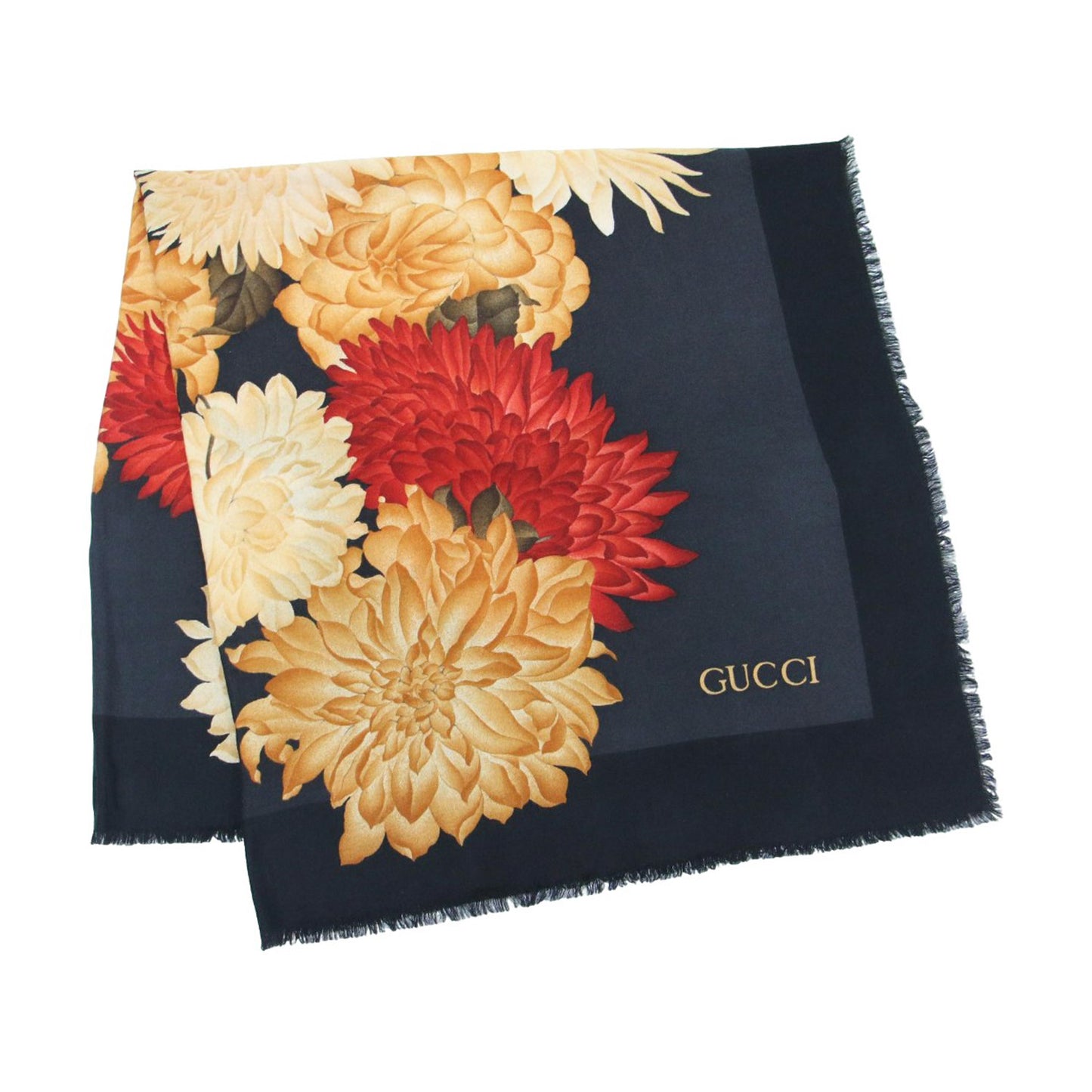 フラワープリント ストール / 大判 花柄 フリンジ ウール