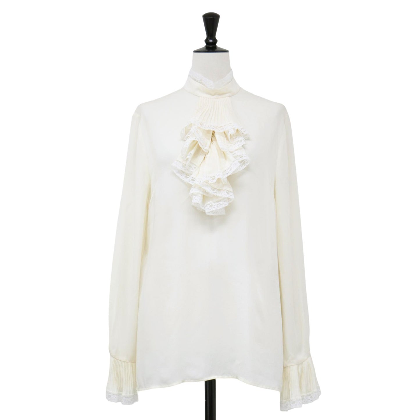 シルク レース付き ボウタイ ブラウス / シャツ スタンドカラー 長袖 ベルスリーブ プリーツ