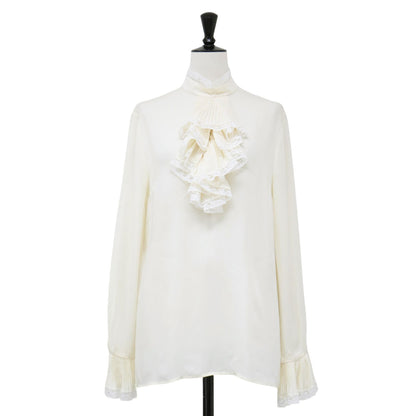 シルク レース付き ボウタイ ブラウス / シャツ スタンドカラー 長袖 ベルスリーブ プリーツ