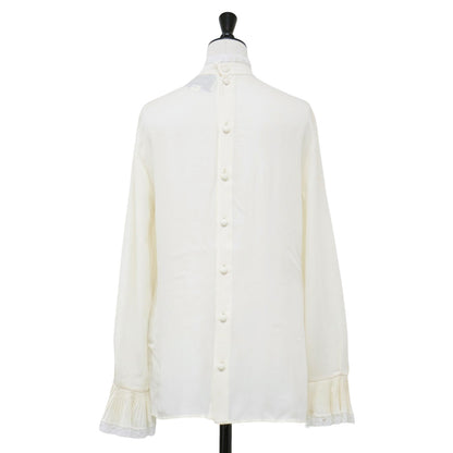 シルク レース付き ボウタイ ブラウス / シャツ スタンドカラー 長袖 ベルスリーブ プリーツ