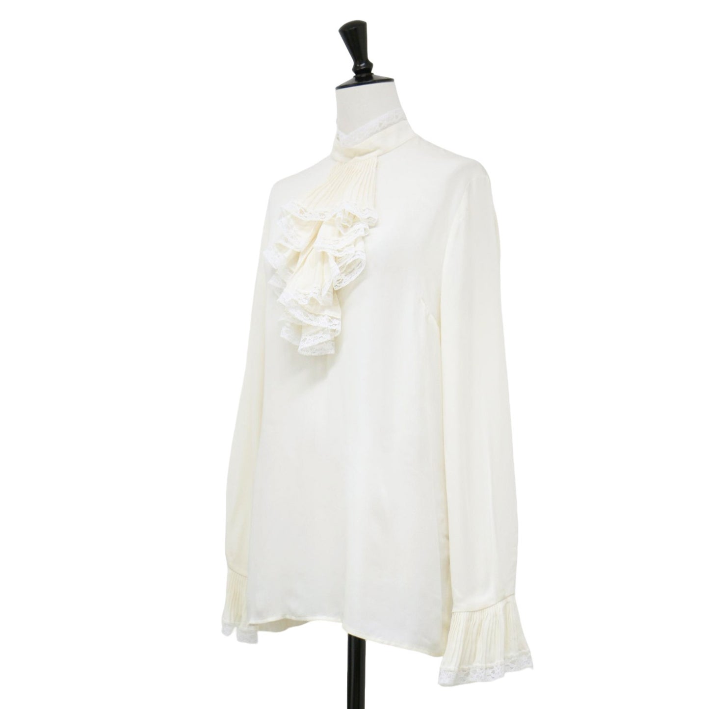 シルク レース付き ボウタイ ブラウス / シャツ スタンドカラー 長袖 ベルスリーブ プリーツ