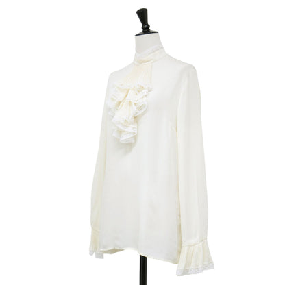 シルク レース付き ボウタイ ブラウス / シャツ スタンドカラー 長袖 ベルスリーブ プリーツ