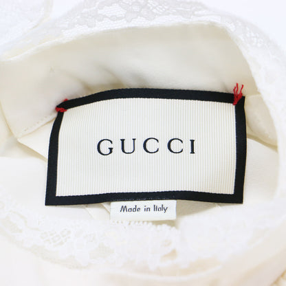 シルク レース付き ボウタイ ブラウス / シャツ スタンドカラー 長袖 ベルスリーブ プリーツ