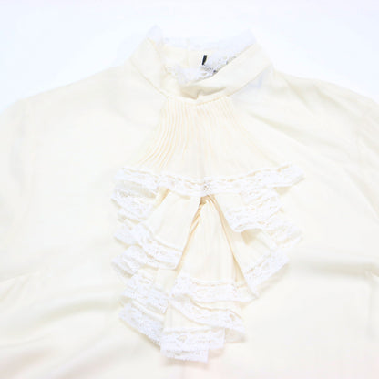 シルク レース付き ボウタイ ブラウス / シャツ スタンドカラー 長袖 ベルスリーブ プリーツ