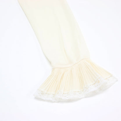 シルク レース付き ボウタイ ブラウス / シャツ スタンドカラー 長袖 ベルスリーブ プリーツ