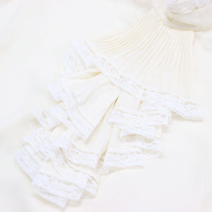 シルク レース付き ボウタイ ブラウス / シャツ スタンドカラー 長袖 ベルスリーブ プリーツ