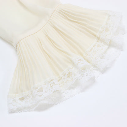 シルク レース付き ボウタイ ブラウス / シャツ スタンドカラー 長袖 ベルスリーブ プリーツ