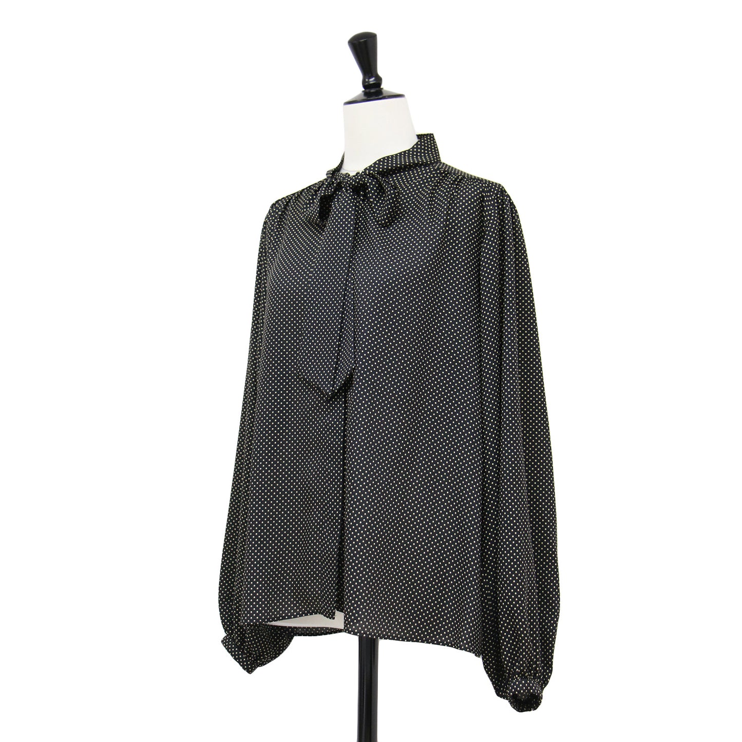 ミニドット プリント ボウタイ ブラウス / 長袖 バックサテン地 ギャザー