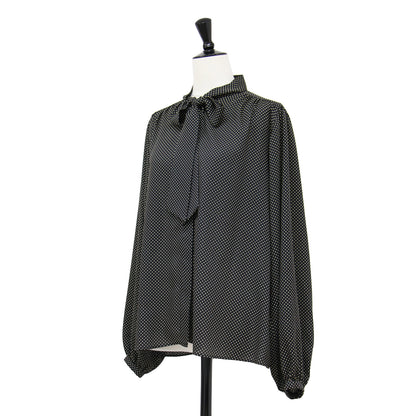 ミニドット プリント ボウタイ ブラウス / 長袖 バックサテン地 ギャザー