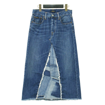 デニム ロング スカート / パッチワーク リメイク フリンジ ヴィンテージ加工 コットン