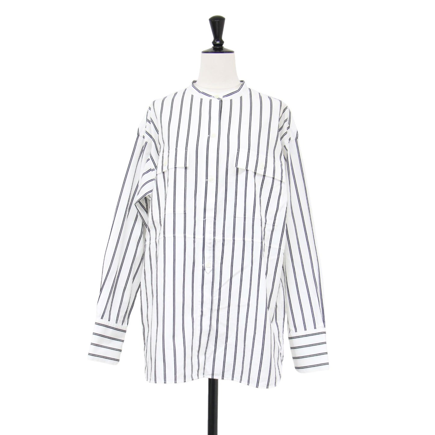 24秋冬 ストライプ柄 バンドカラー シャツ / コットン 長袖 オーバーサイズ
