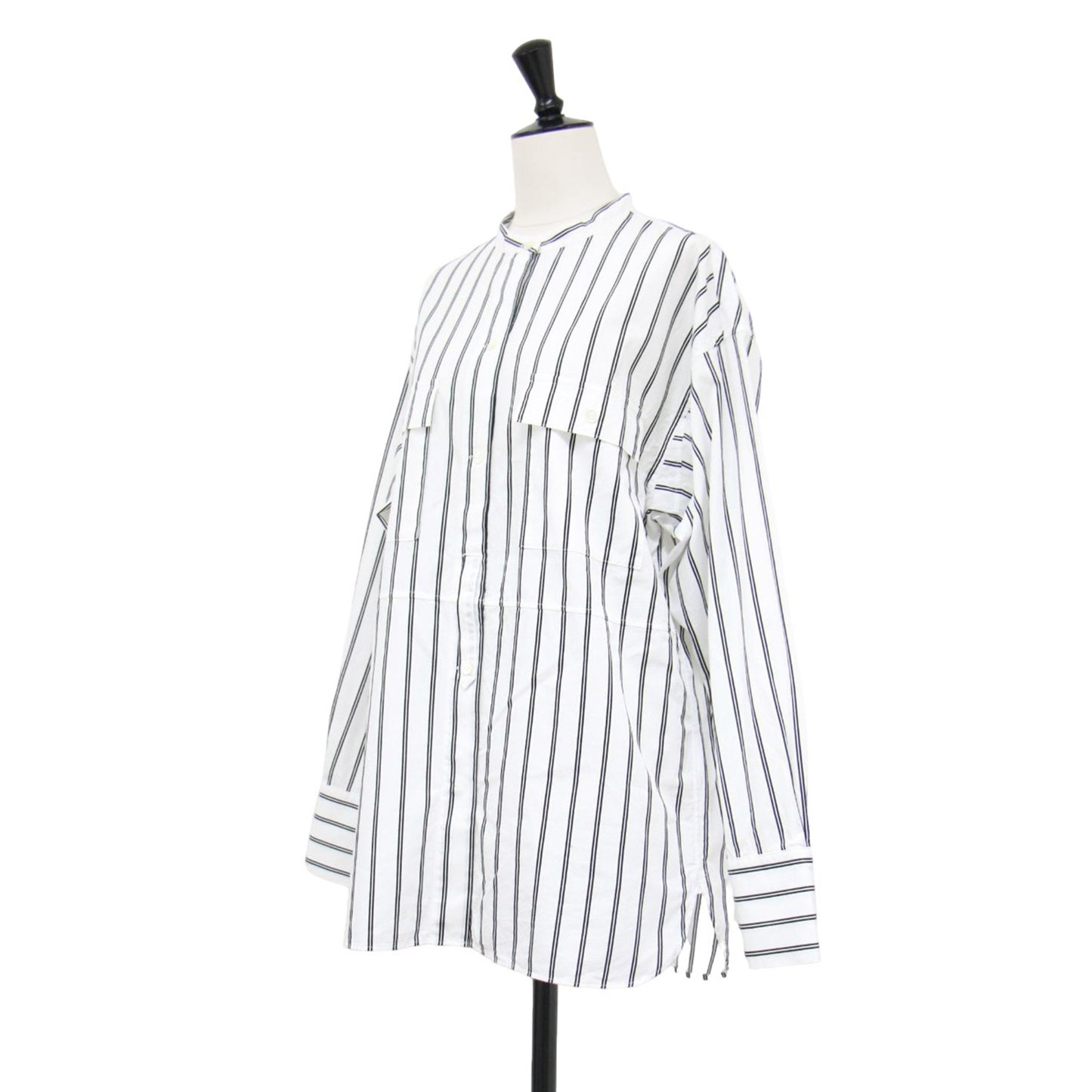 24秋冬 ストライプ柄 バンドカラー シャツ / コットン 長袖 オーバーサイズ