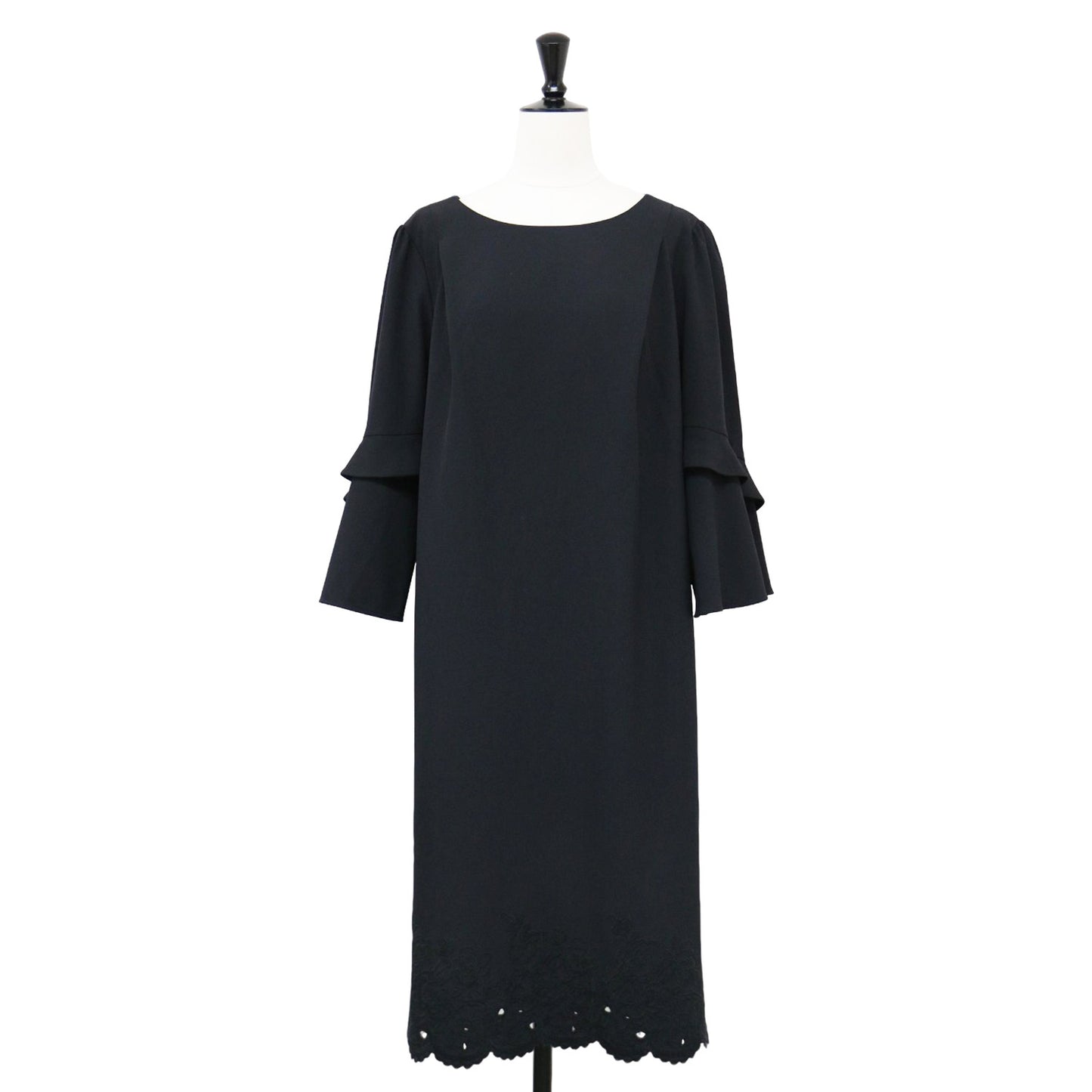 フレアスリーブ ミディ ワンピース / ドレス バッククロス 裾レース  7分袖 ラウンドネック