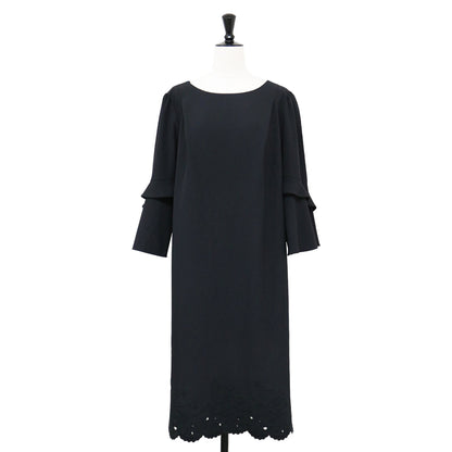 フレアスリーブ ミディ ワンピース / ドレス バッククロス 裾レース  7分袖 ラウンドネック